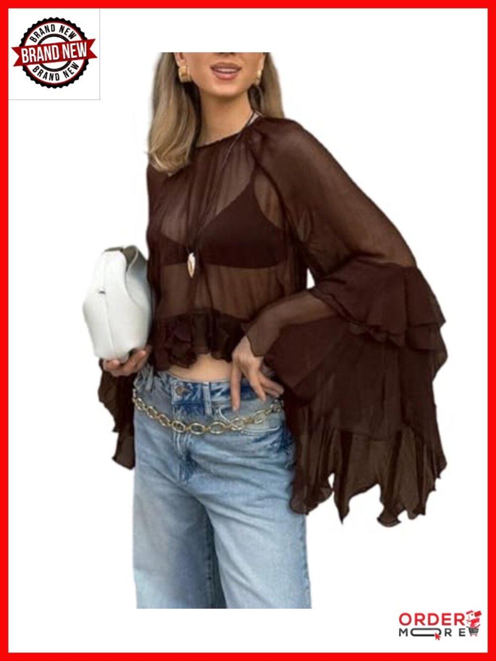 Women's Sheer Chiffon Bell Sleeve Blouse with Ruffle Hem Flowy Top
